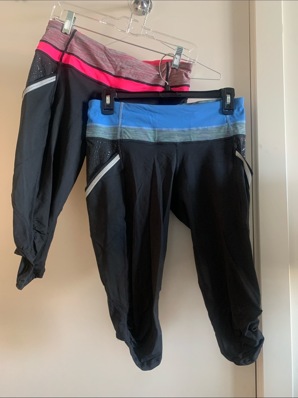 Lululemon Black Active Capri with Blue and pink Waistbands, 2 sets, size 8